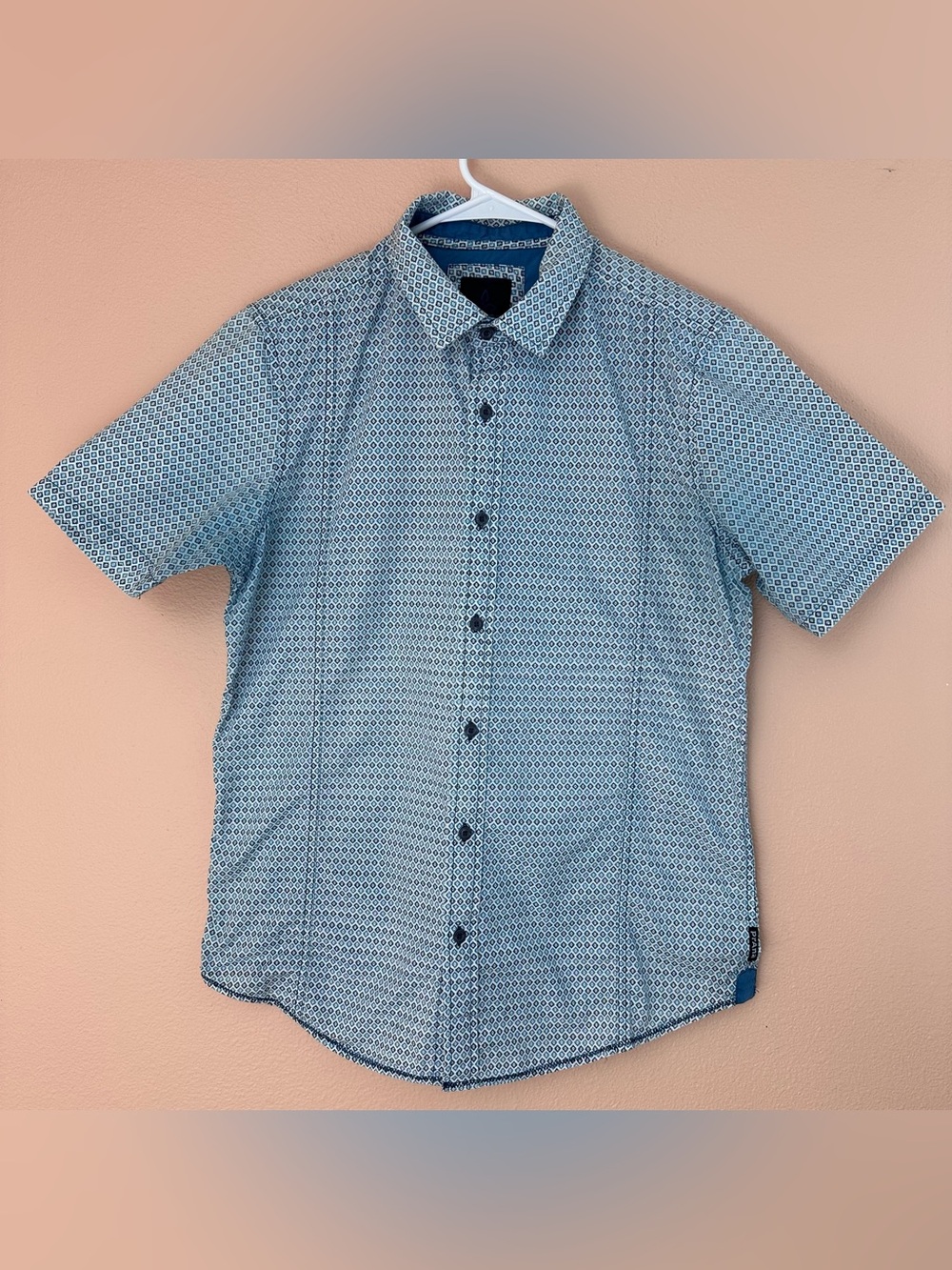 Prana Mens Medium Organic Cotton Short Sleeve Button Down Shirt Blue Print